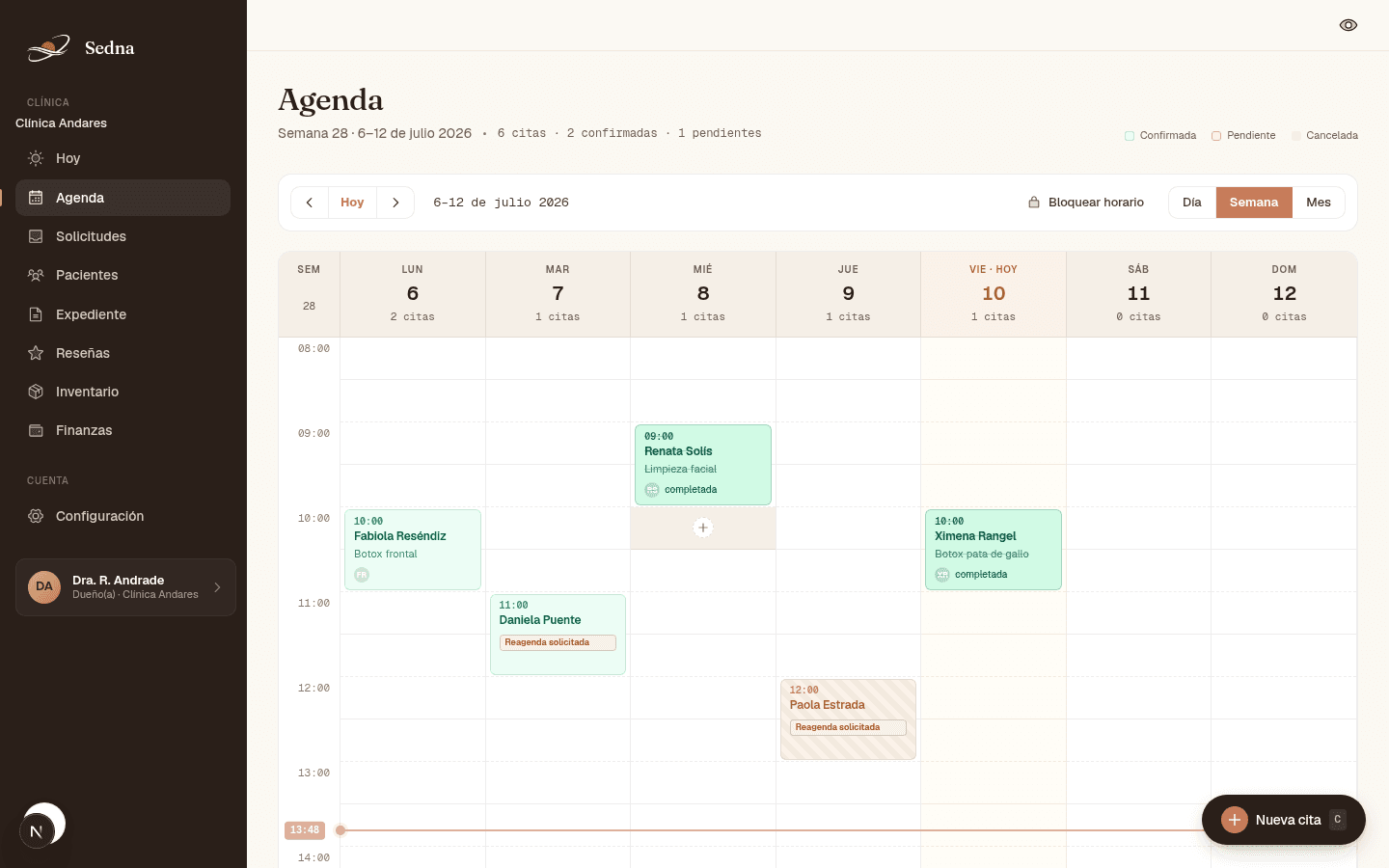 Agenda semanal de Sedna con citas reales de la clínica demo Andares