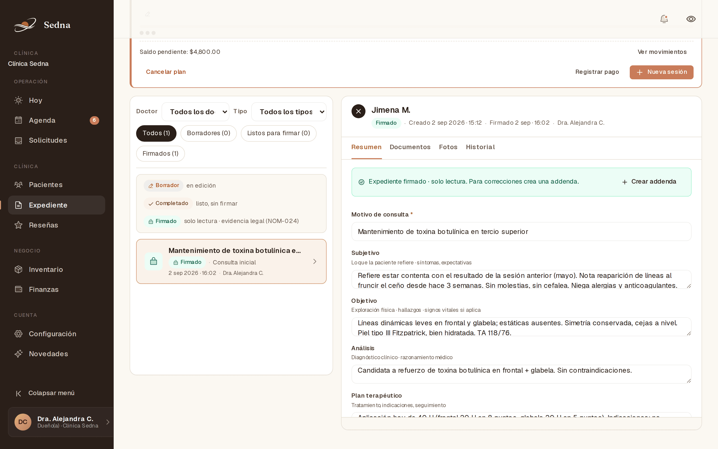 Expediente clínico firmado en Sedna, solo lectura, con opción de crear addenda