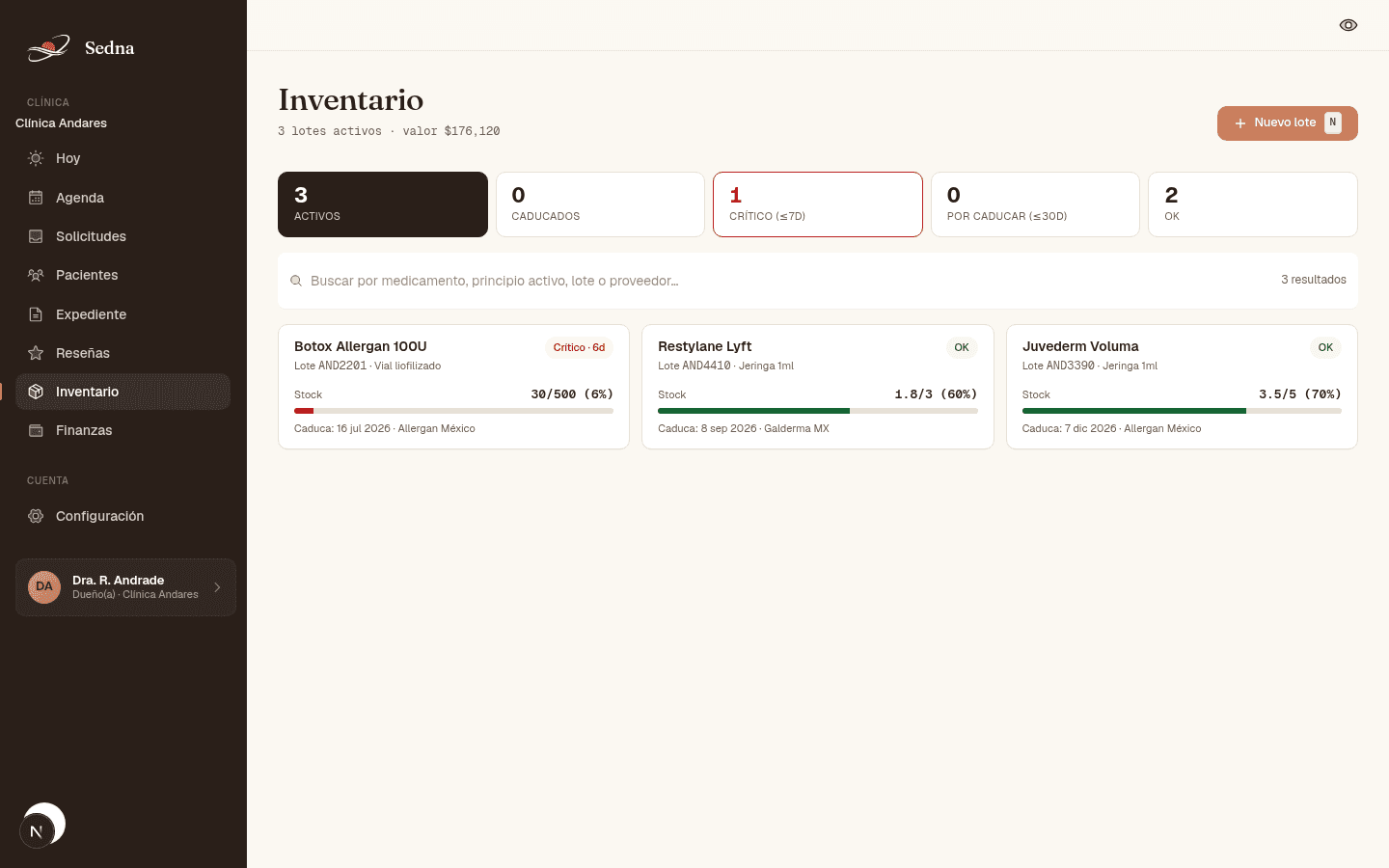 Inventario COFEPRIS de Sedna con lotes, caducidades y alertas de stock